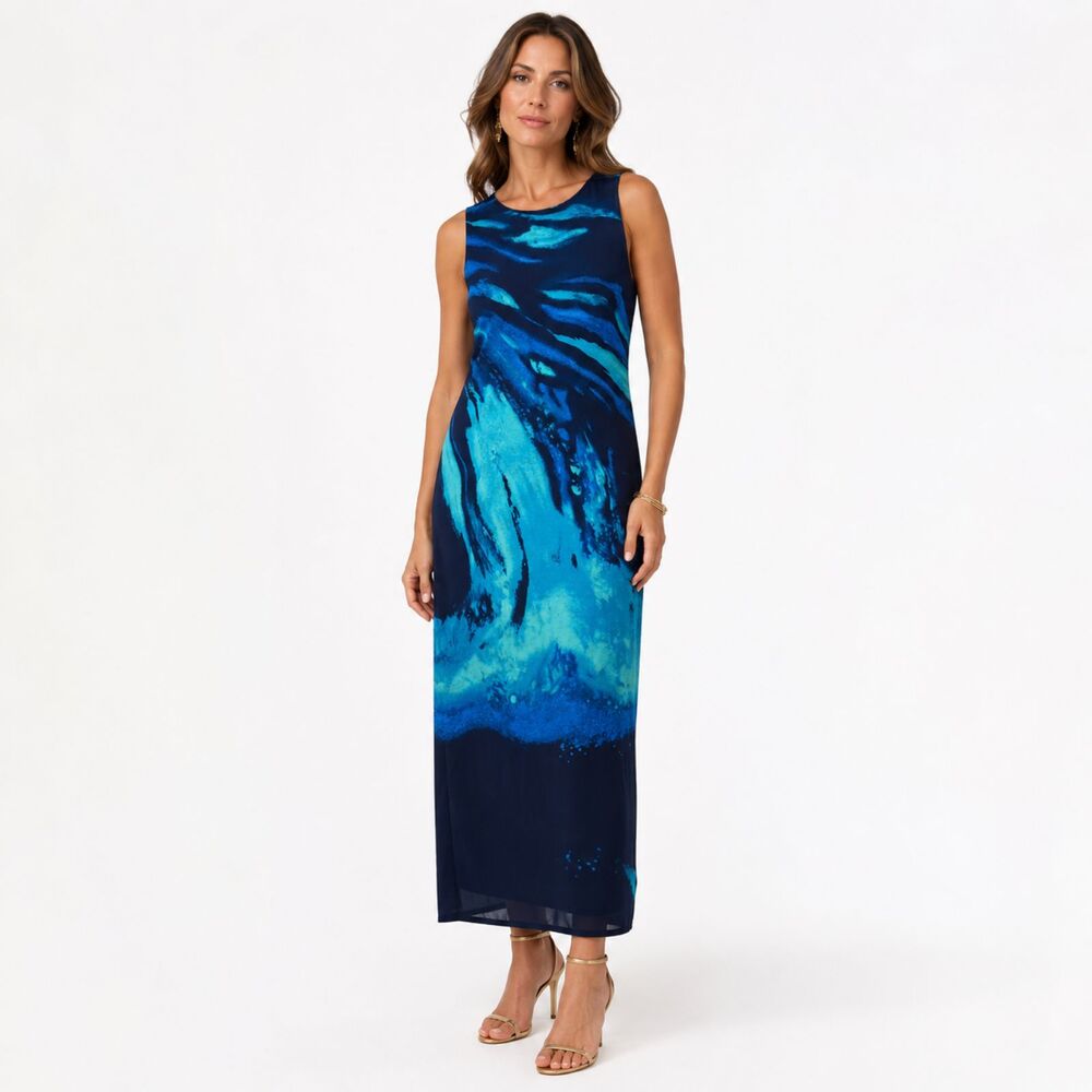 Mary McFadden Sleeveless Dress Womens 10 Lined Maxi Blue Green Evening Chic